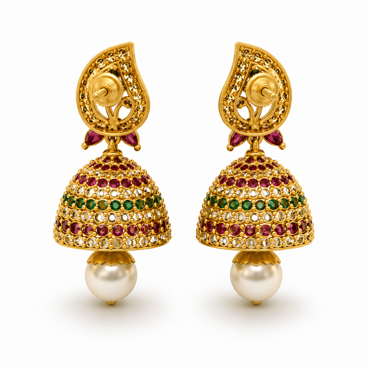 Multicolor Gold-Plated Jhumka Earrings with Pearl Drop